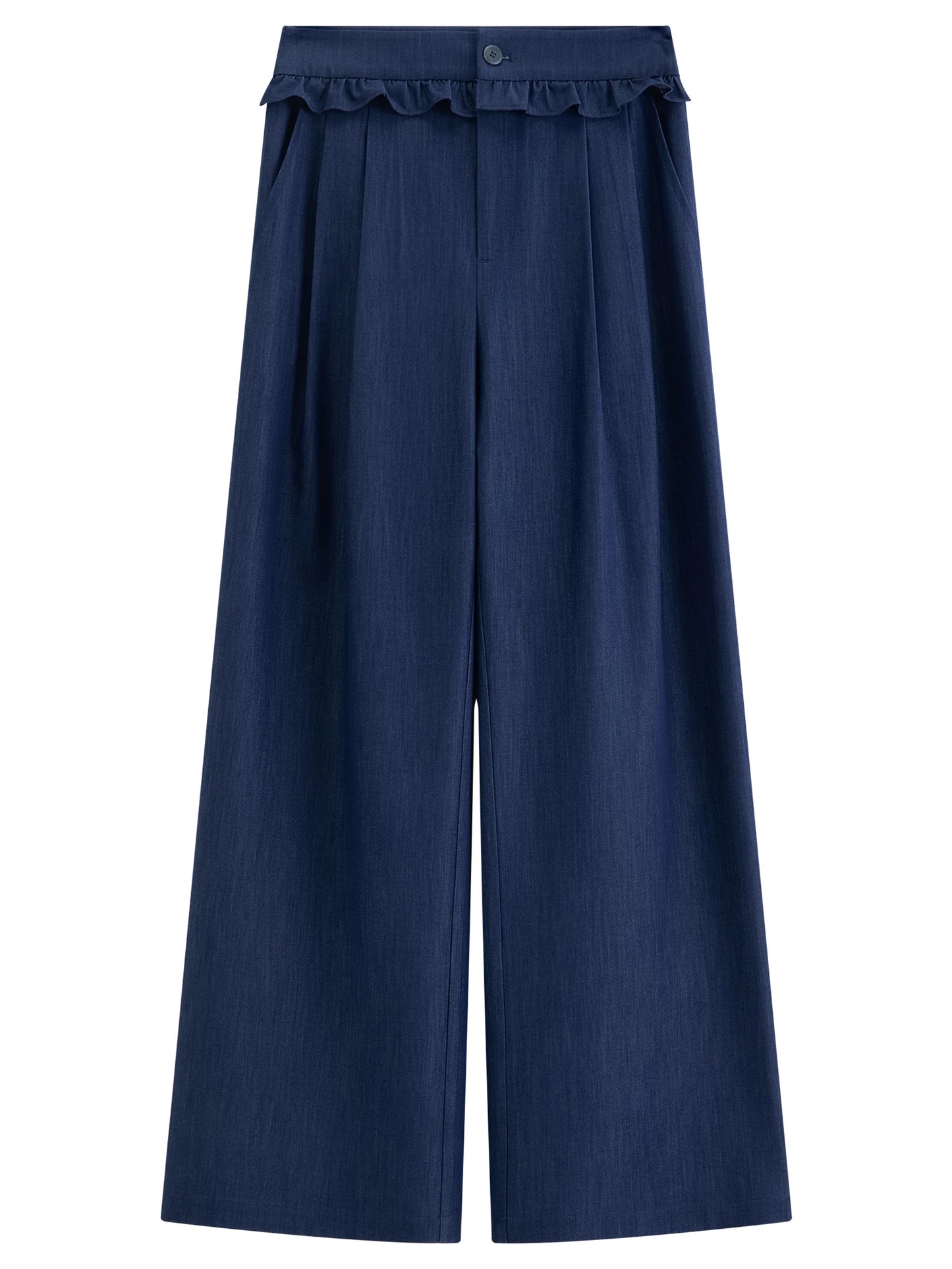 Navy Ruffle Waist Wide Leg Pants