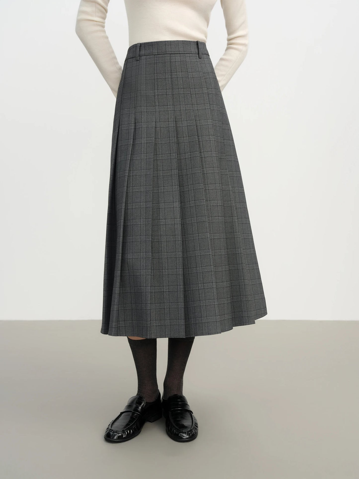 Charcoal Pleated A-Line Midi Skirt