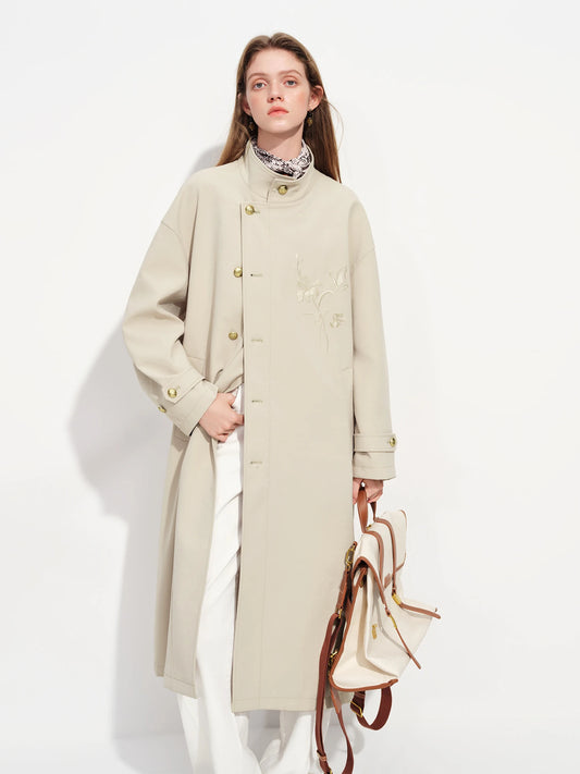 Ivory Embroidered Stand Collar Trench