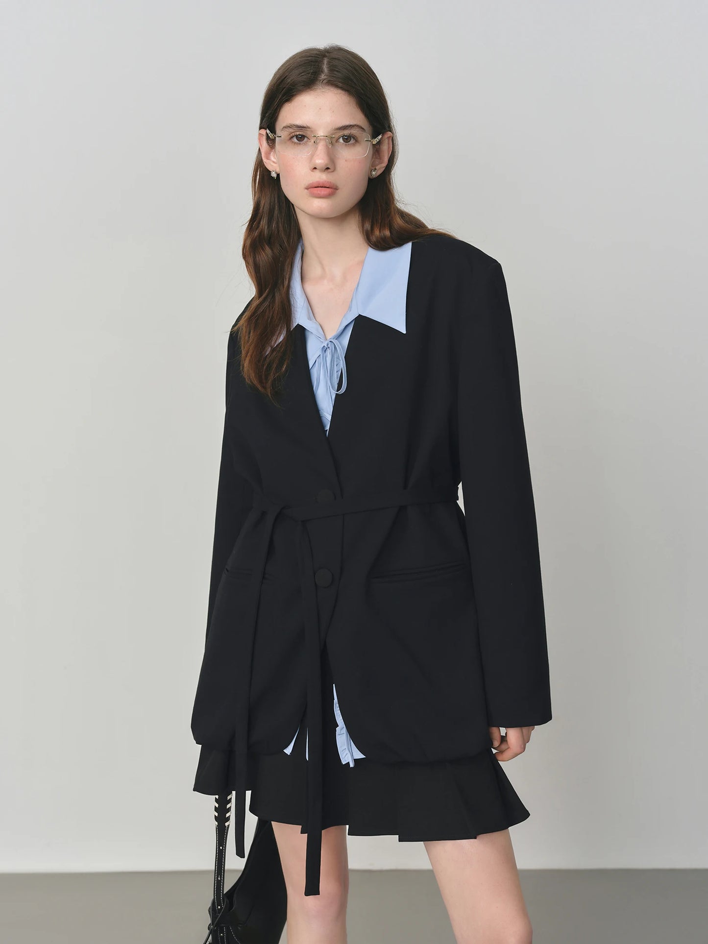 Navy Belted Collarless Blazer