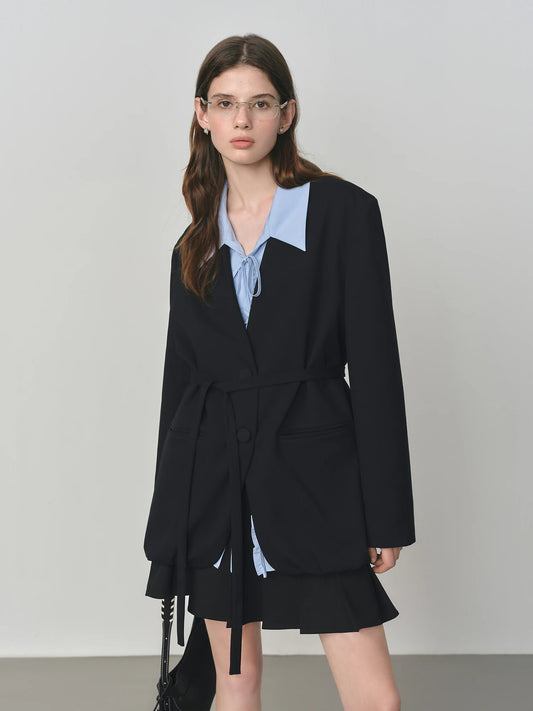 Navy Belted Collarless Blazer