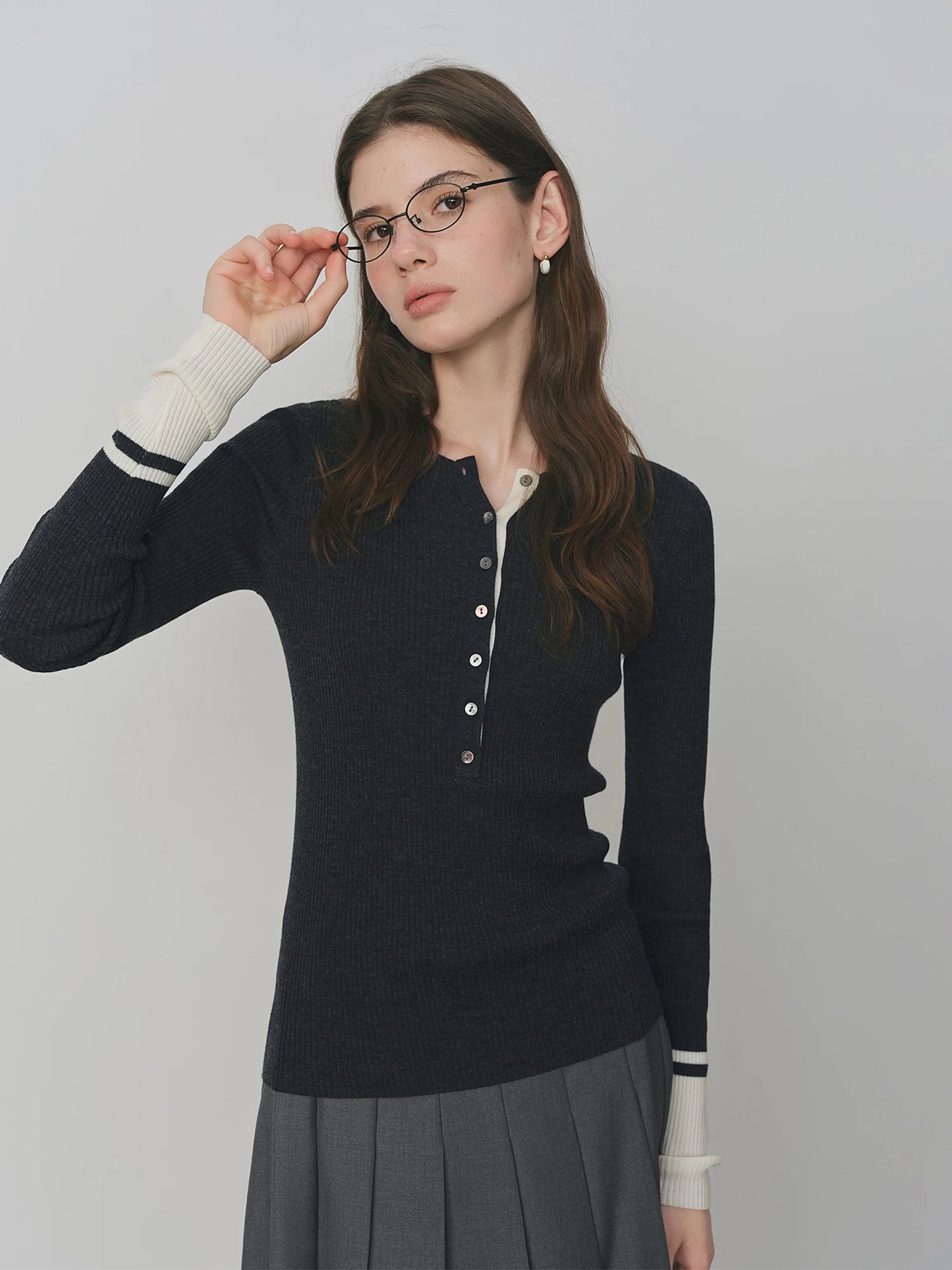 Black Contrast Cuff Henley Knit Top