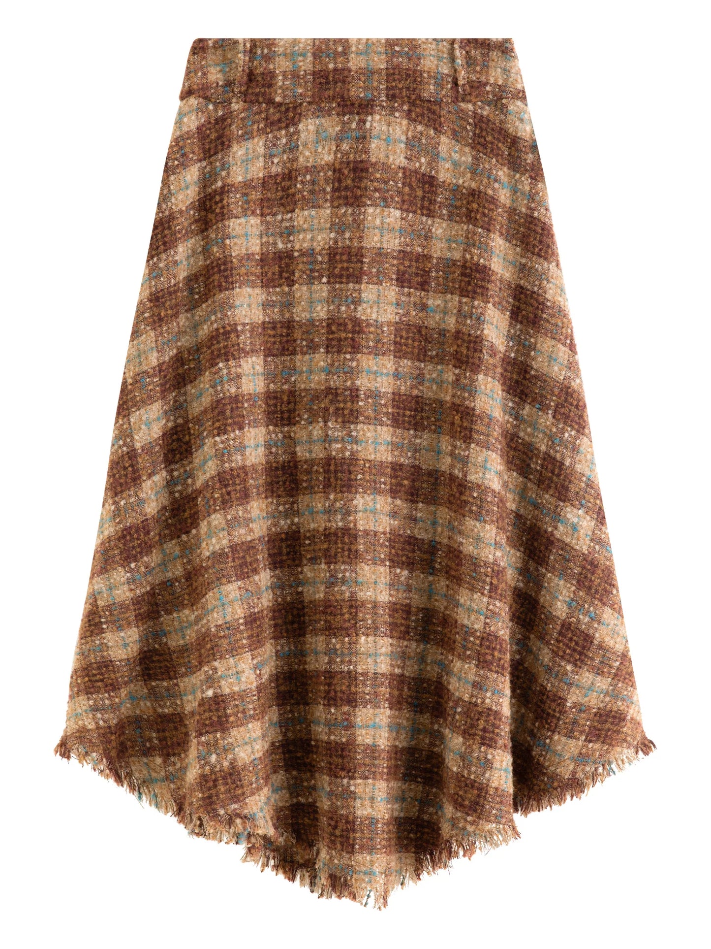Brown Plaid Fringe Hem Midi Skirt