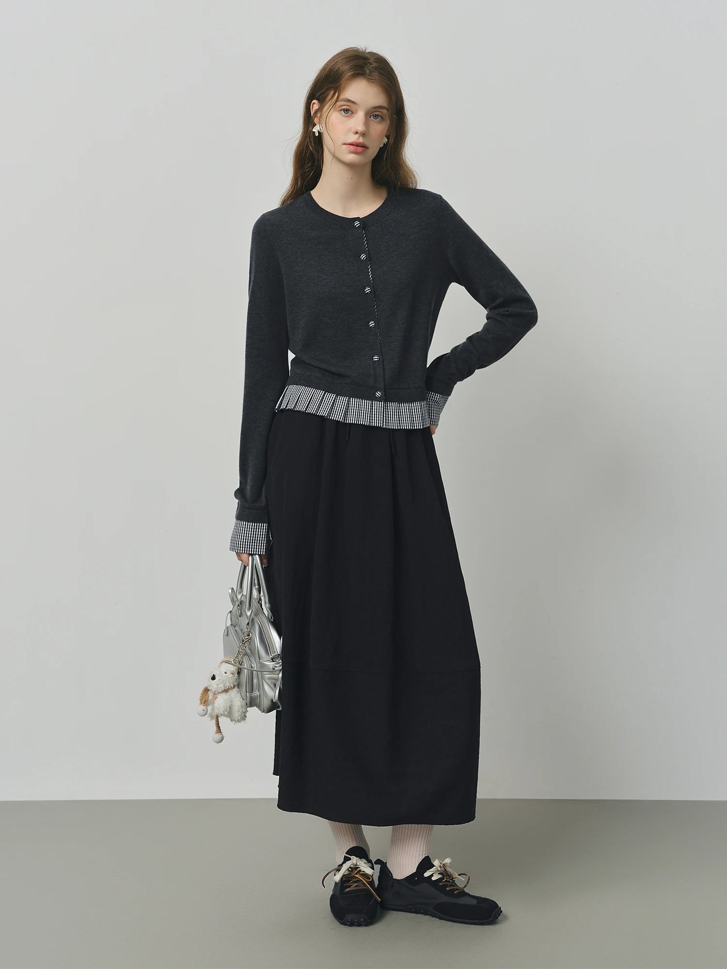 Black Plaid Hem Knit Cardigan
