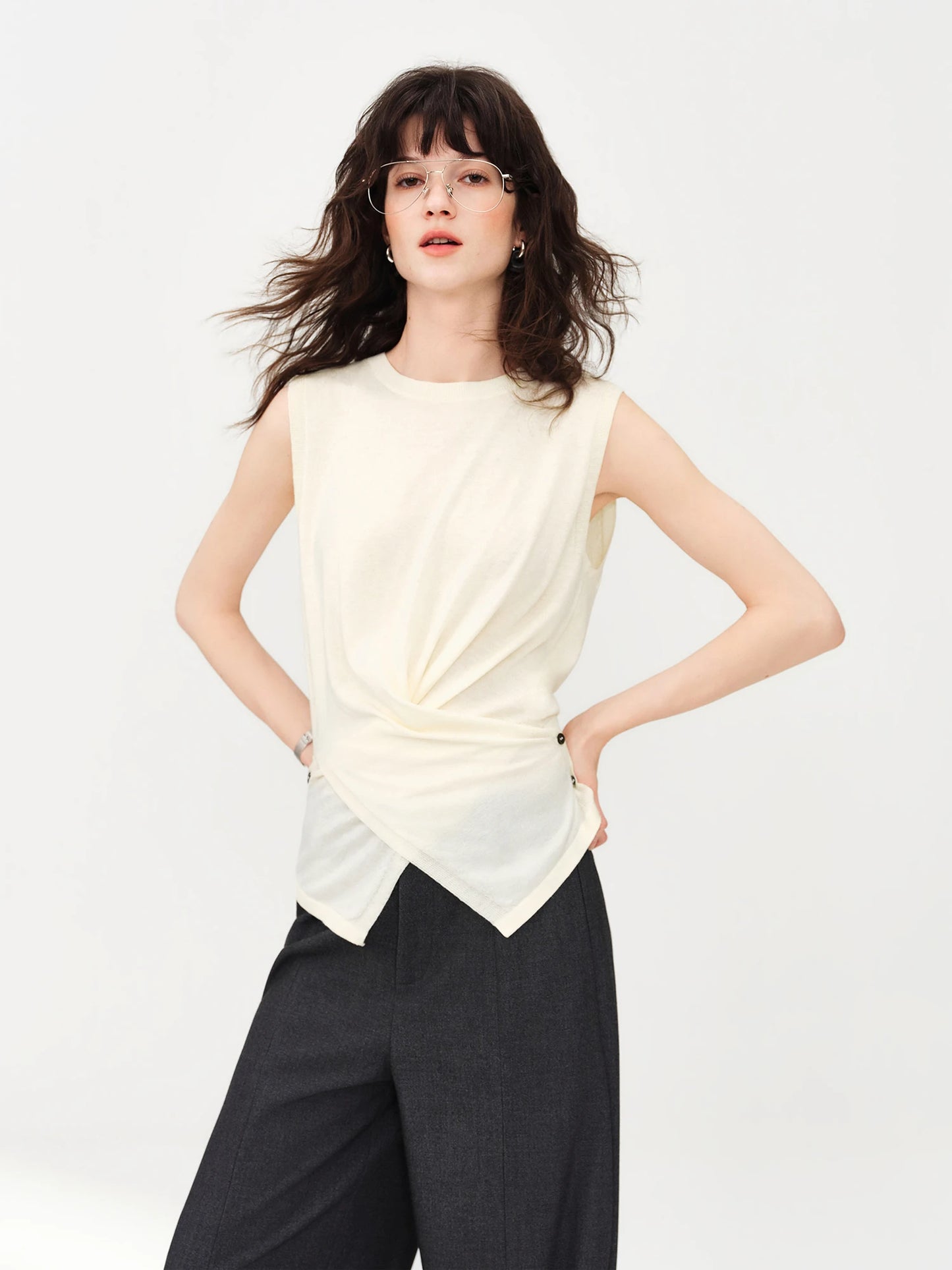 Black Draped Sleeveless Knit Top
