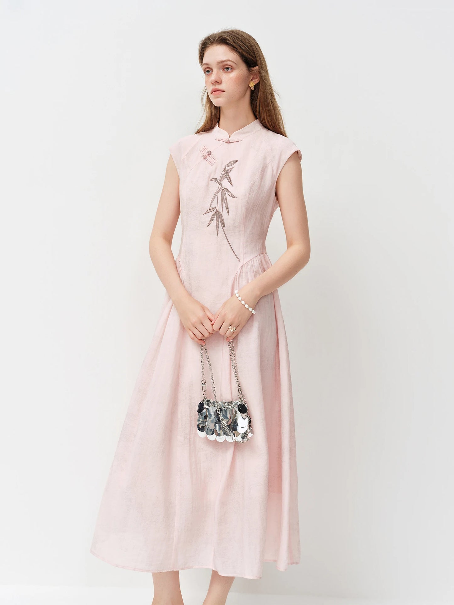 Pale Blue Embroidered Mandarin Collar Maxi Dress