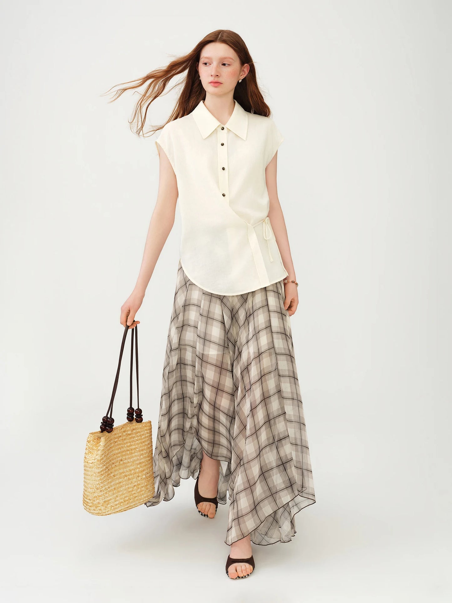 Ivory Linen Belted Sleeveless Shirt