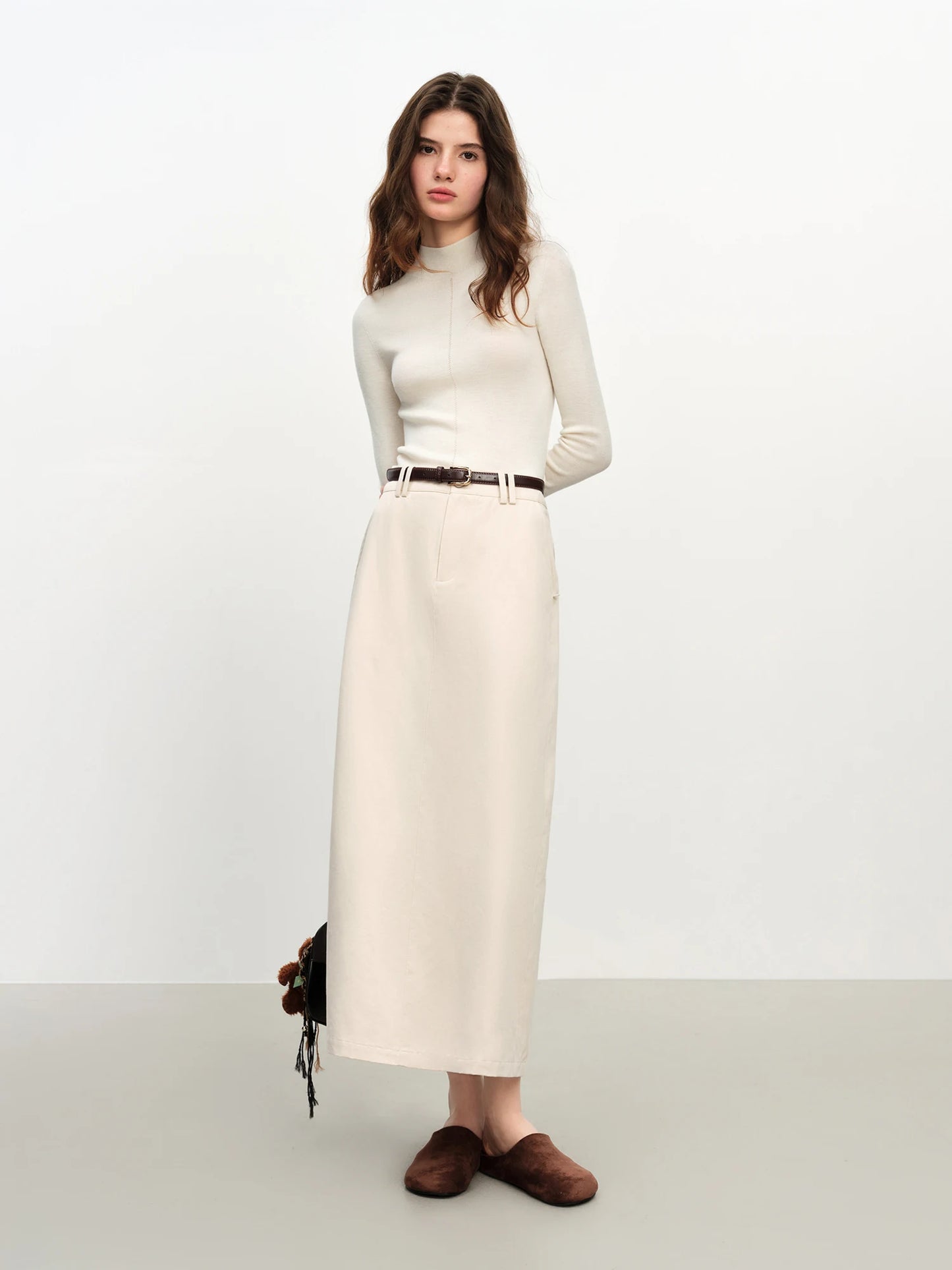 Ivory Belted Straight Maxi Skirt