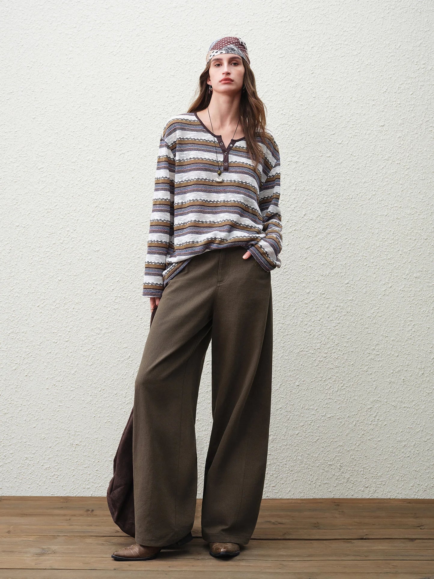 Brown Embroidered Wide Leg Jeans