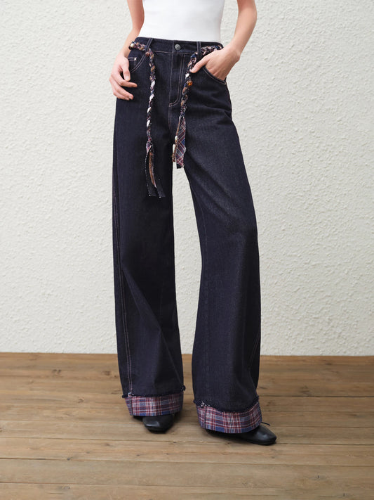 Indigo Plaid Cuff Straight Jeans