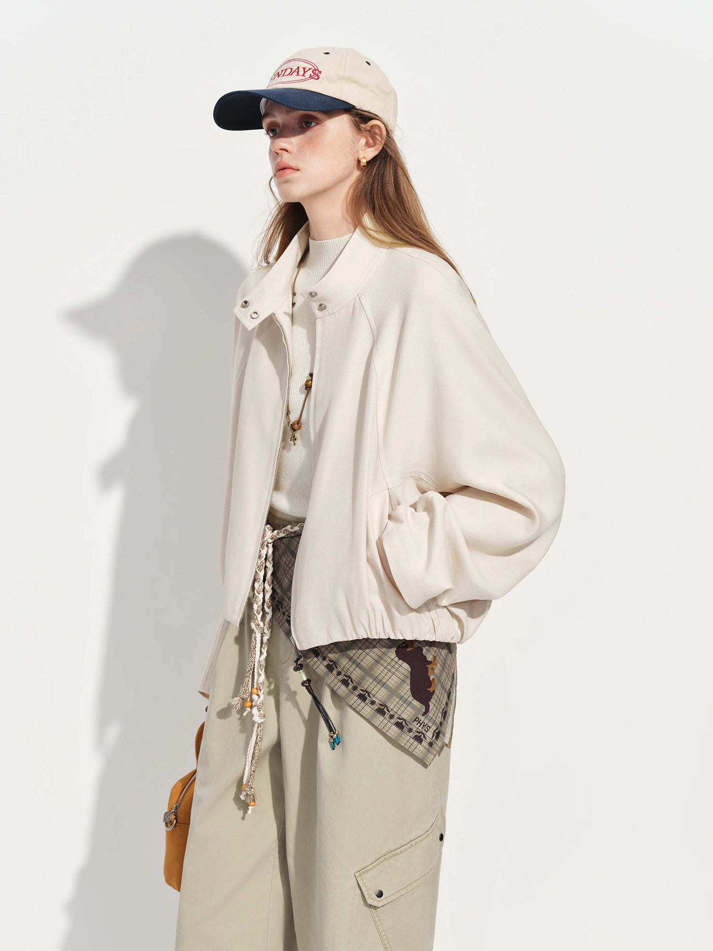 Ivory Stand Collar Bomber Jacket