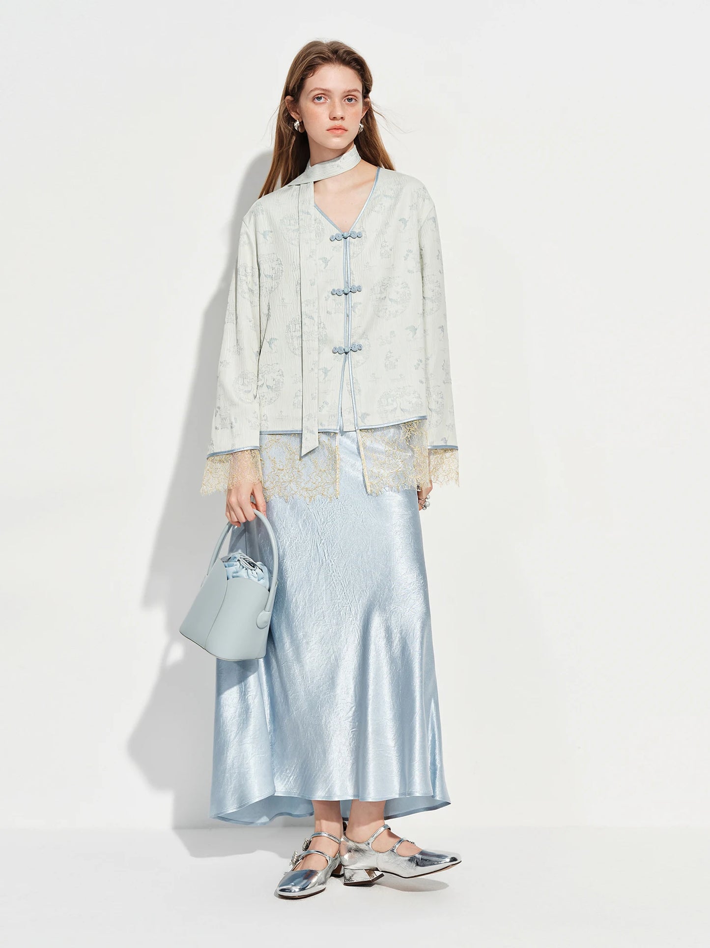 Pale Blue Jacquard Mandarin Collar Blazer