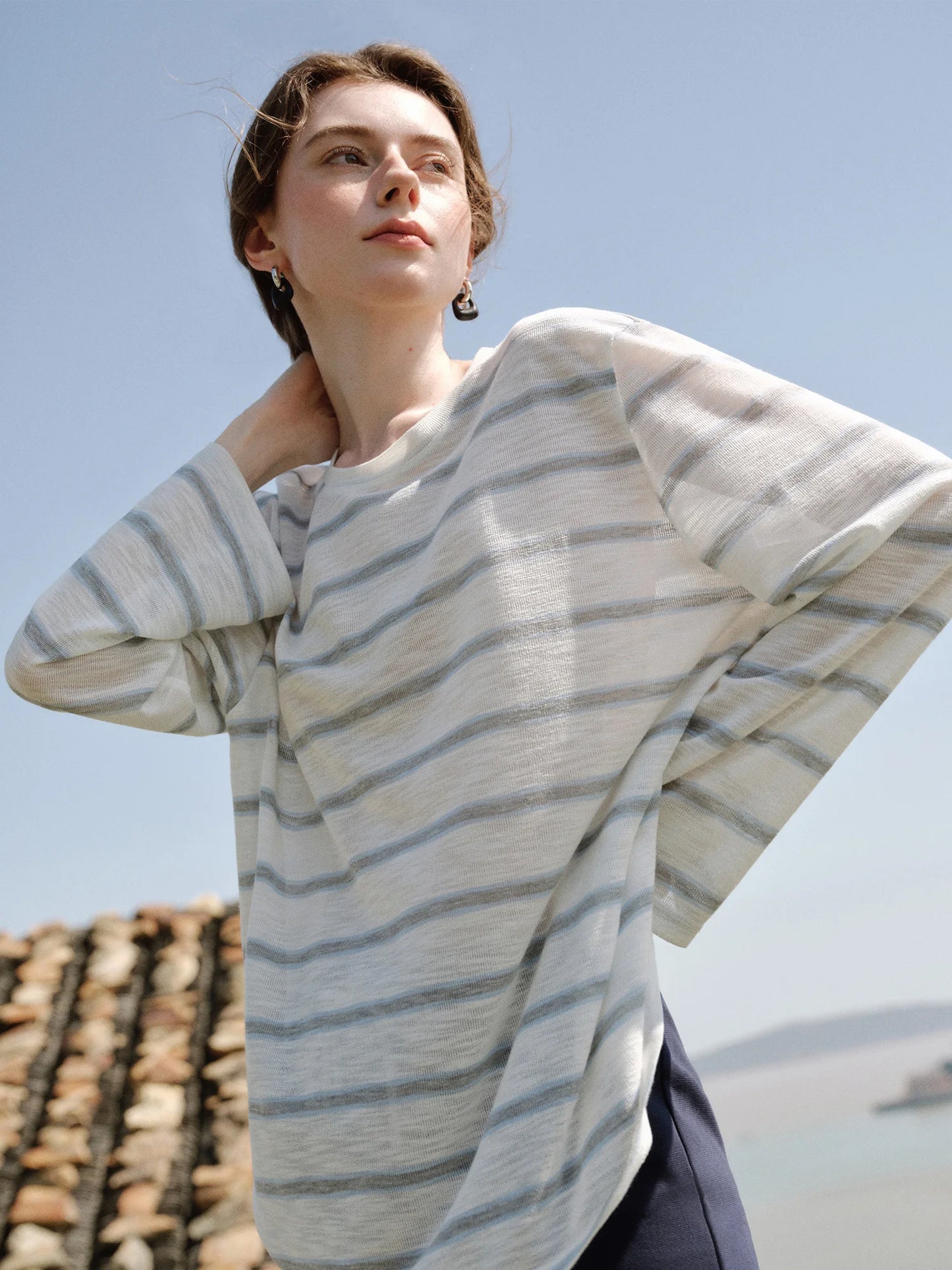 Ivory Striped Relaxed Long Sleeve Top