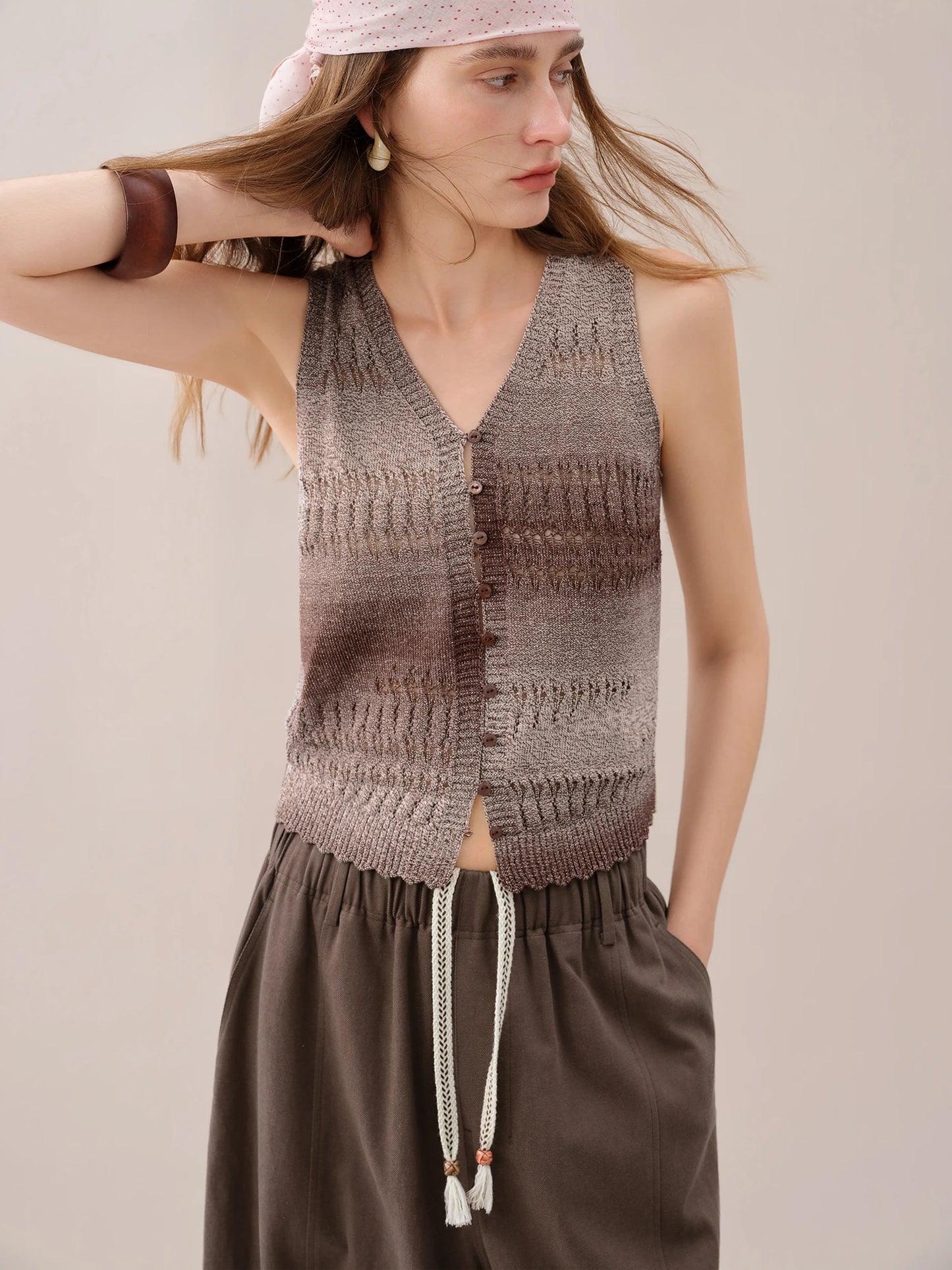 Taupe Open Knit Button Vest