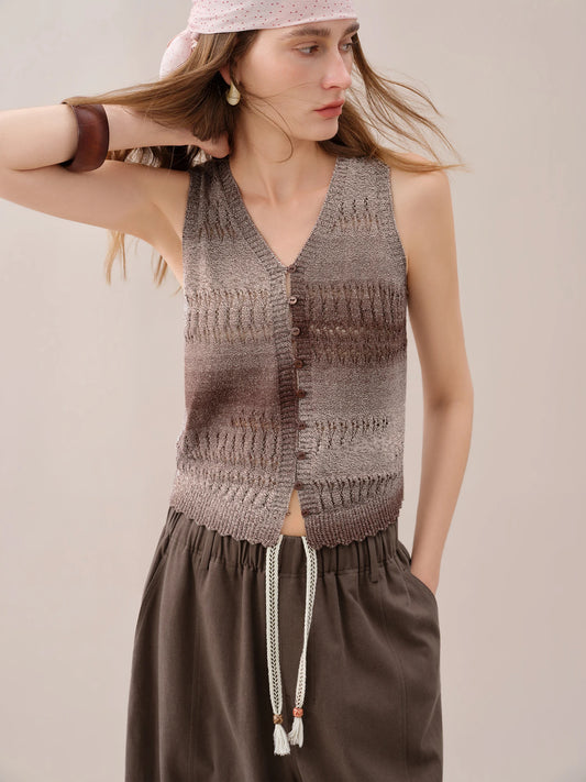 Taupe Open Knit Button Vest