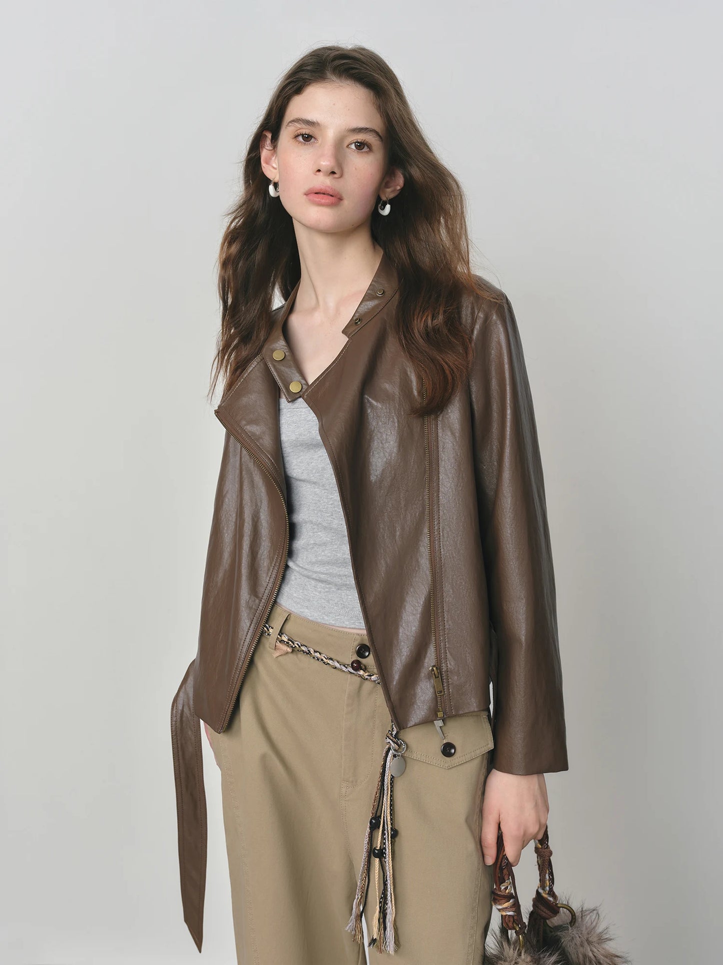 Brown Belted Leather Biker Jacket