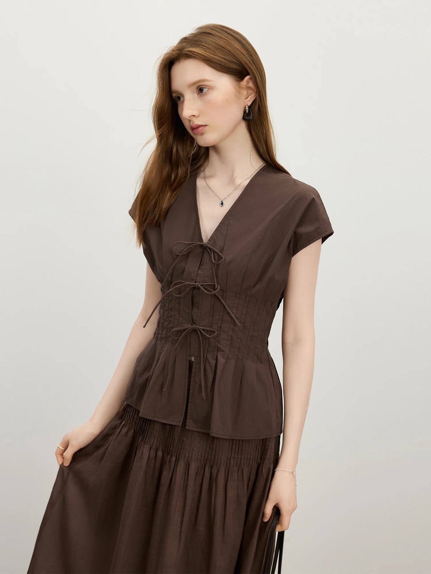 Brown Tie Waist Peplum Blouse