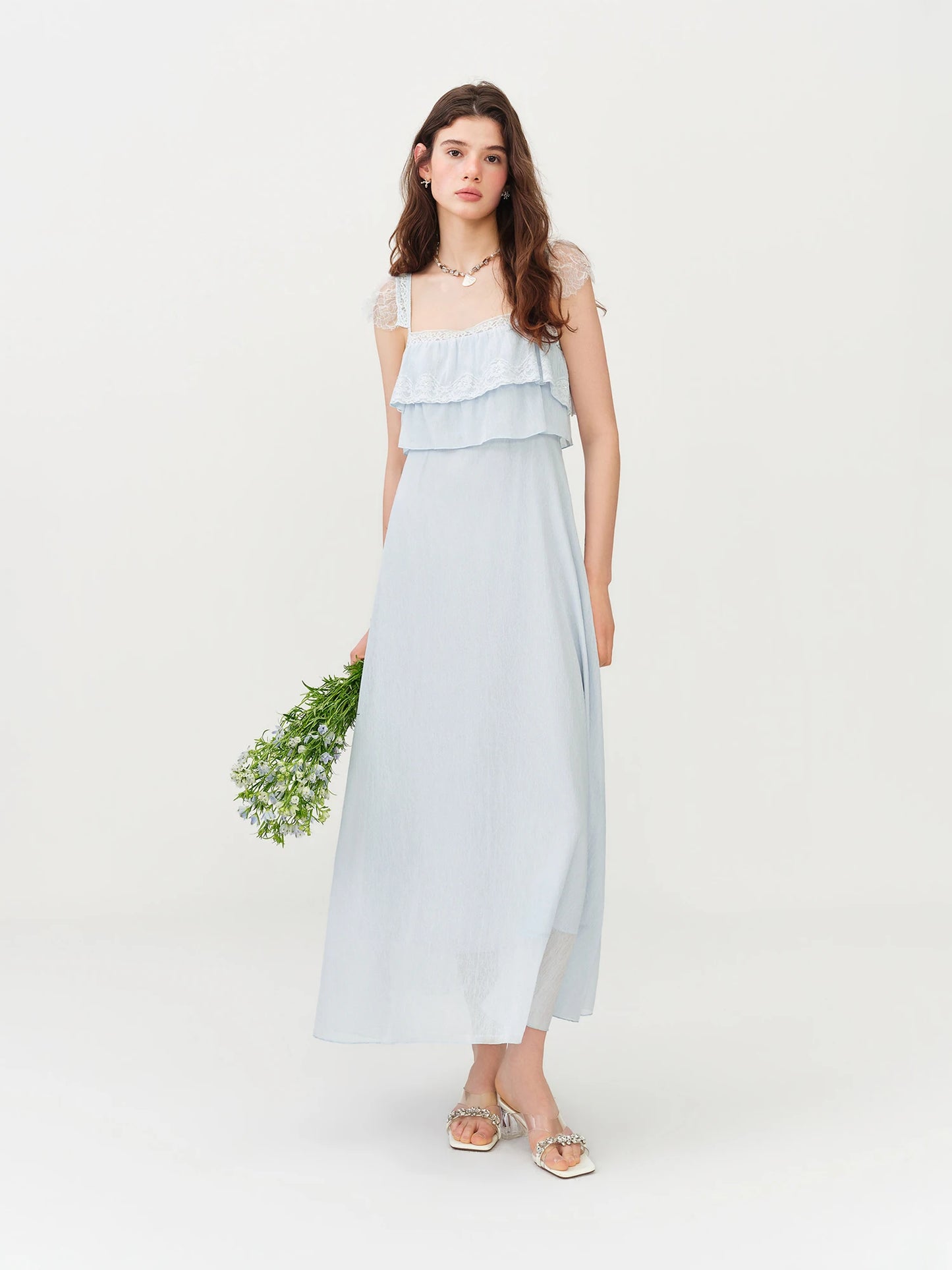 Pale Blue Ruffle Cape Maxi Dress