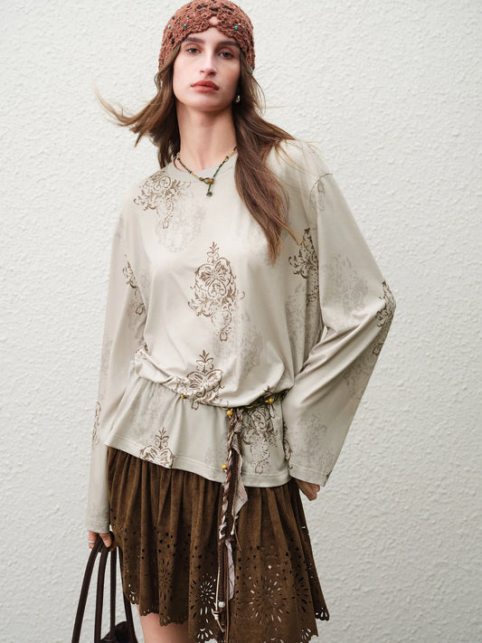Taupe Jacquard Mandarin Collar Blouse