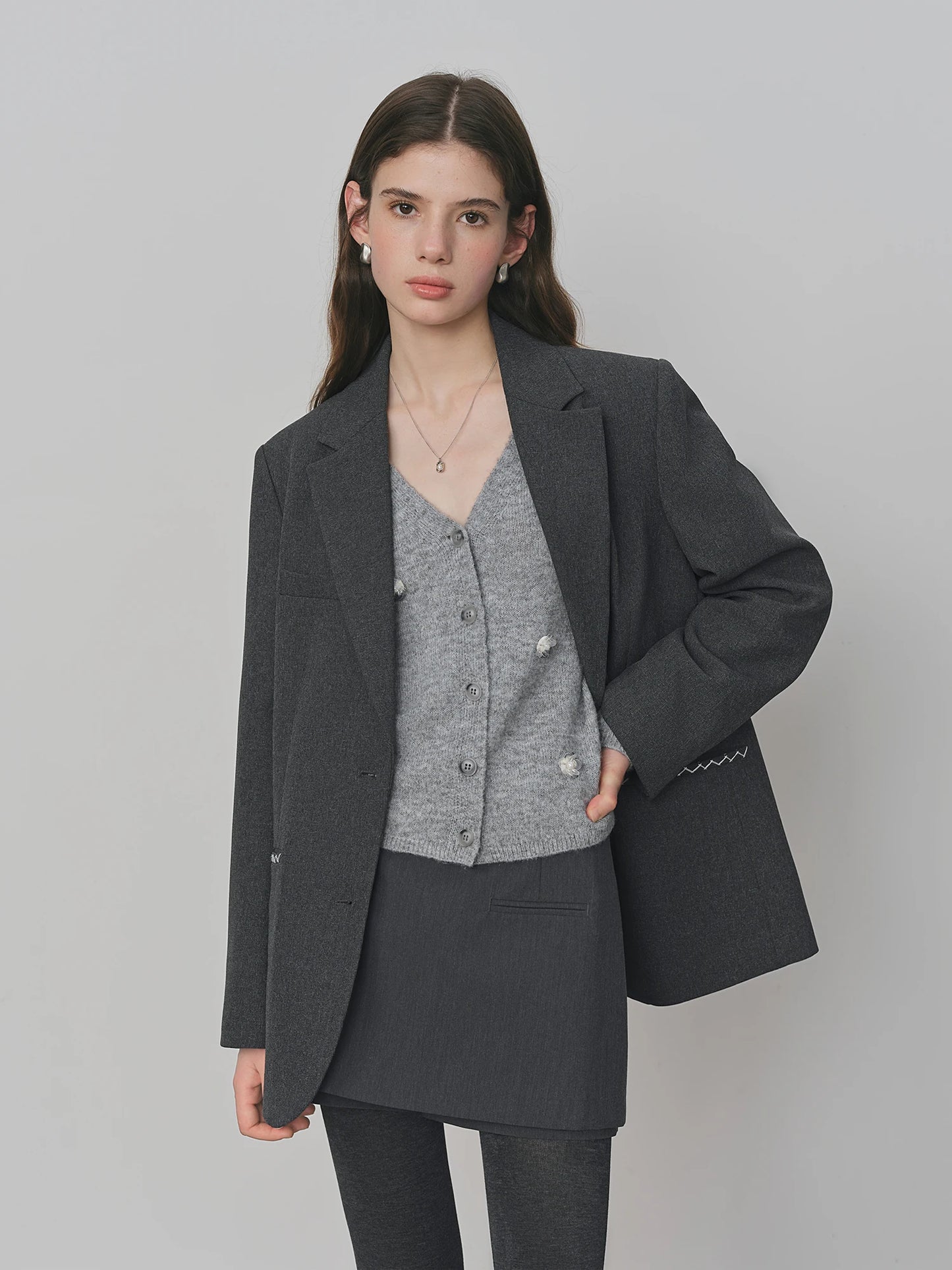 Charcoal Contrast Piping Relaxed Blazer