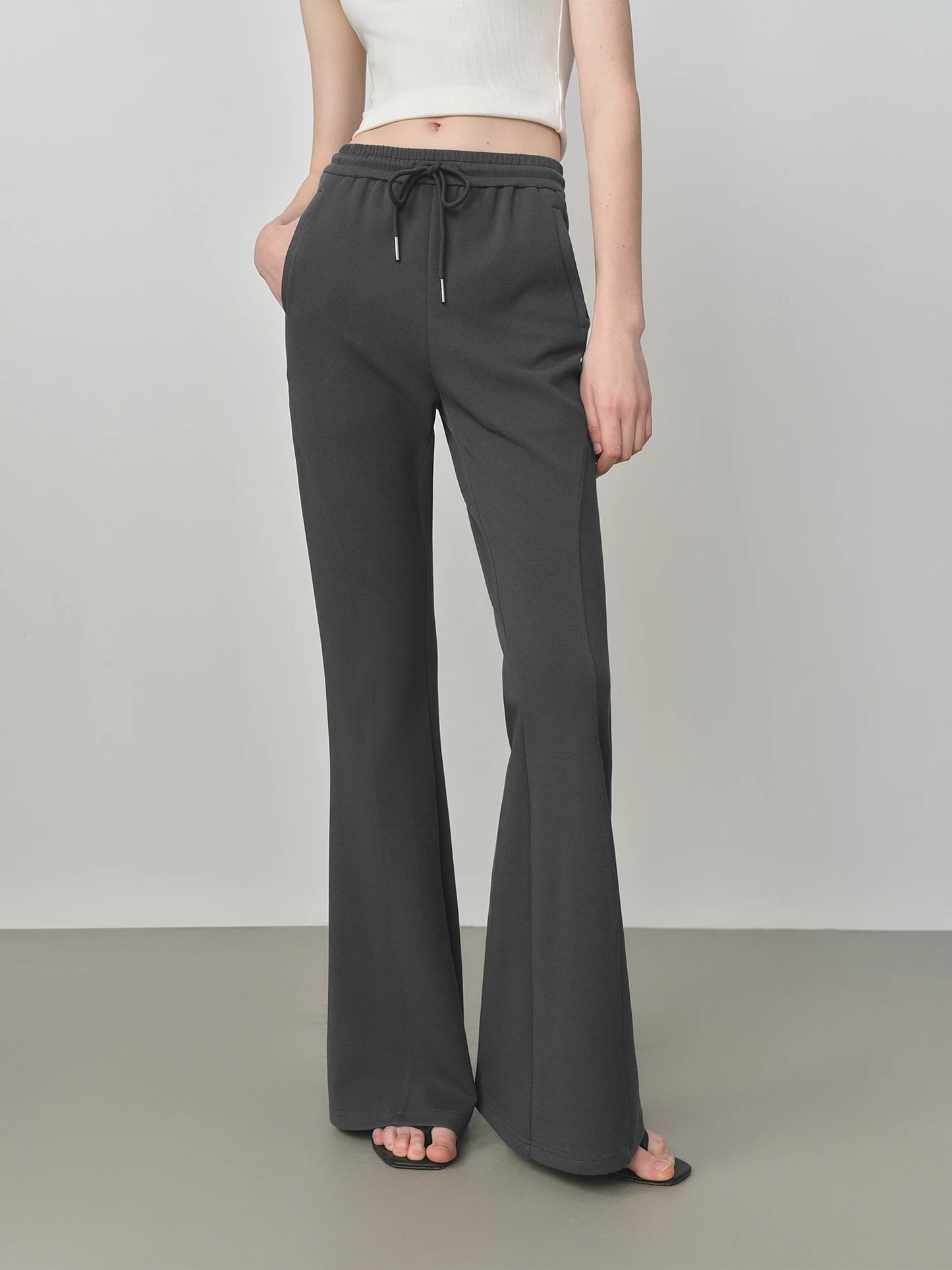 Grey Drawstring Flared Knit Pants