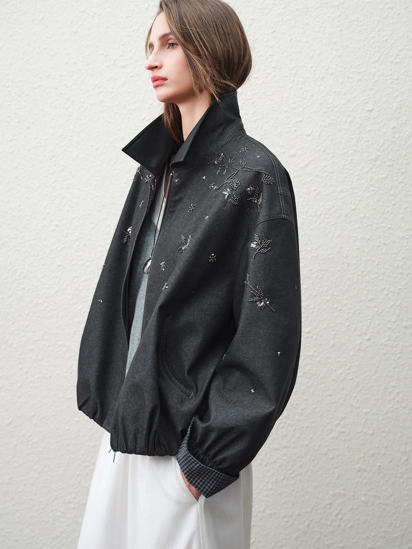 Charcoal Beaded Oversized Bomber Jacket