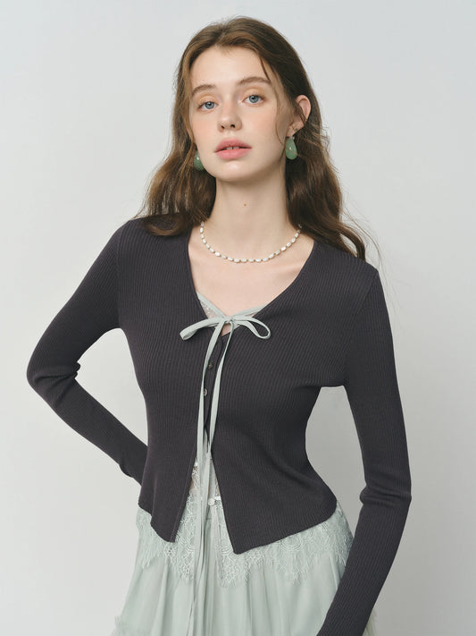 Charcoal Bow Front Fitted Cardigan