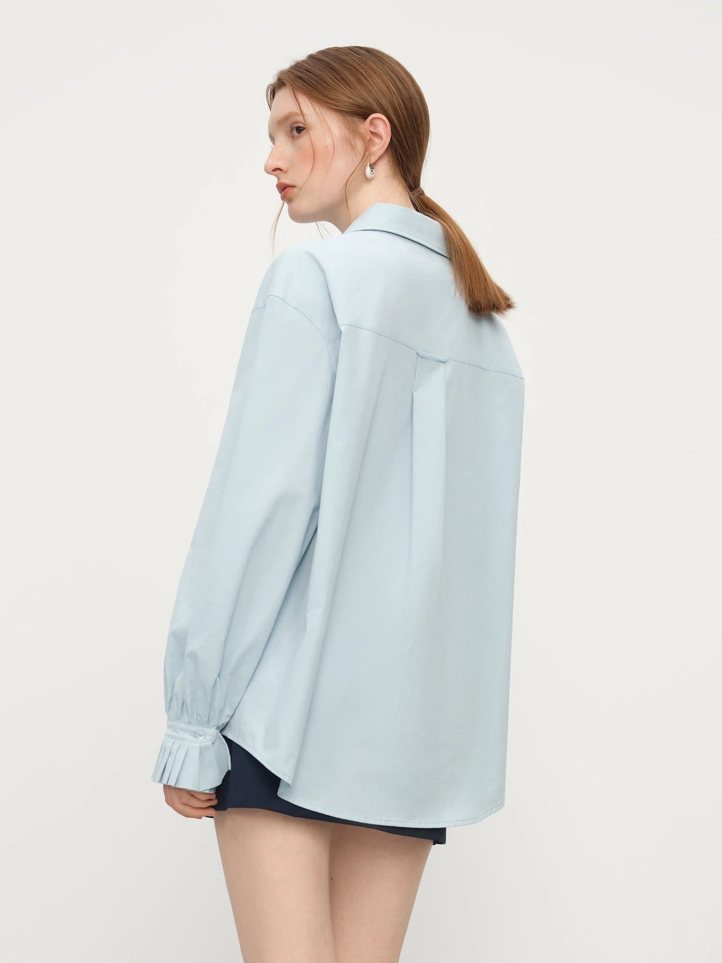 White Pleated Collar Cotton Shirt