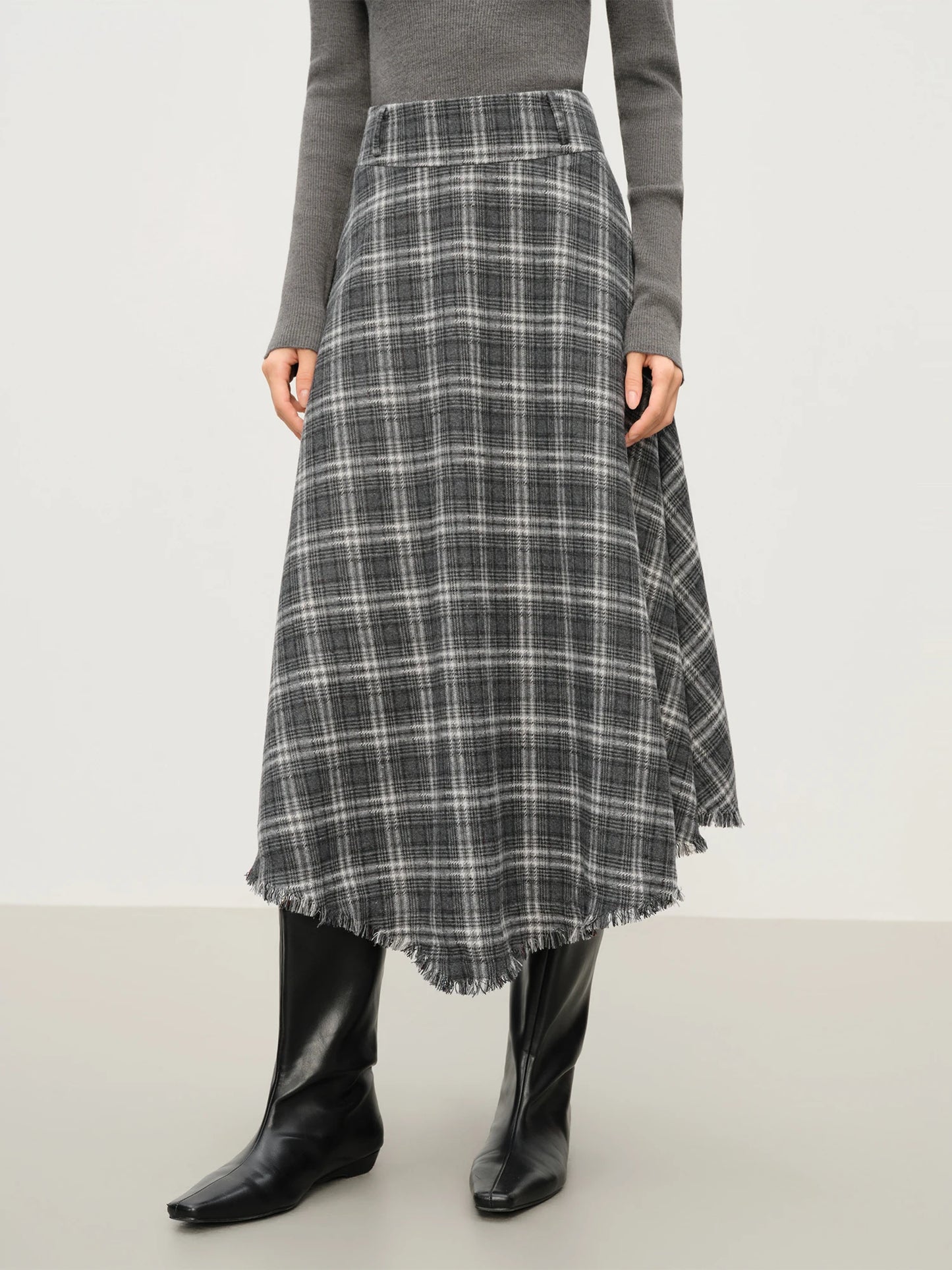 Brown Plaid Fringe Hem Midi Skirt