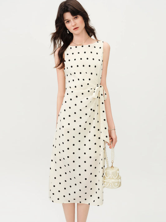 Ivory Polka Dot Belted Midi Dress
