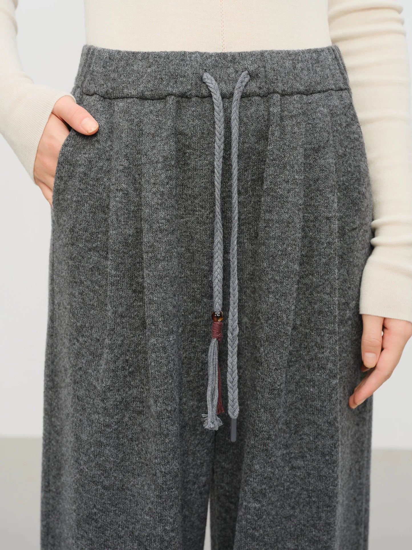 Charcoal Drawstring Wool Wide Leg Pants