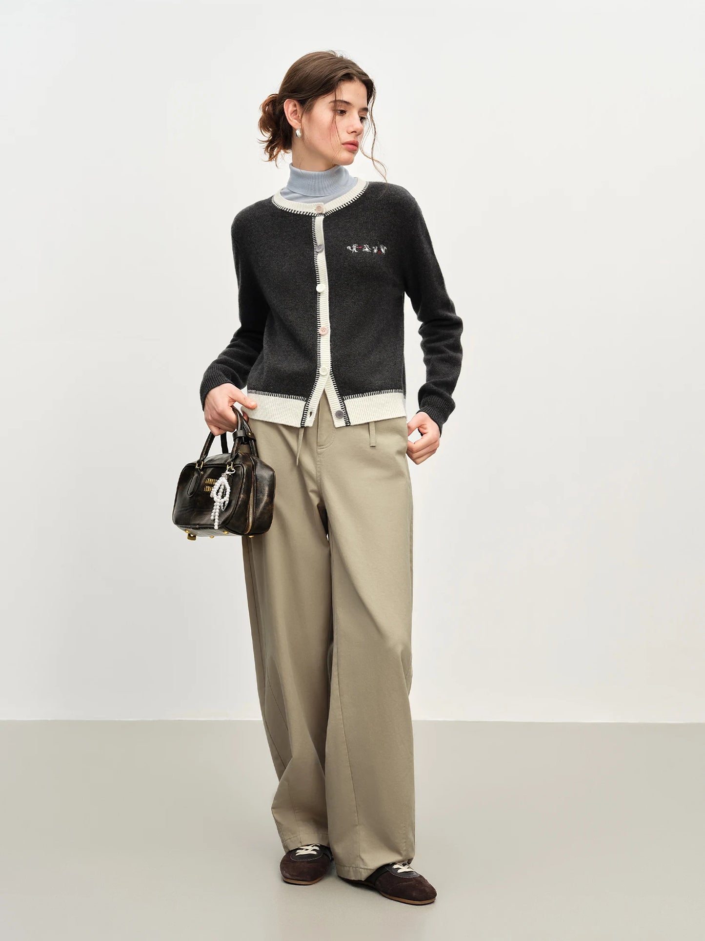 Beige Embroidered Crew Neck Cardigan