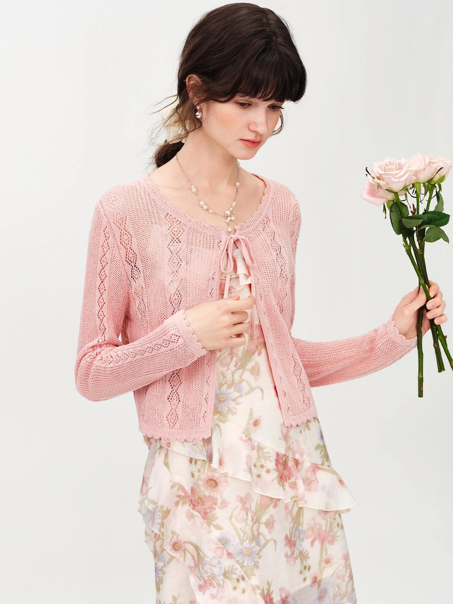 Blush Lace Cropped Knit Cardigan