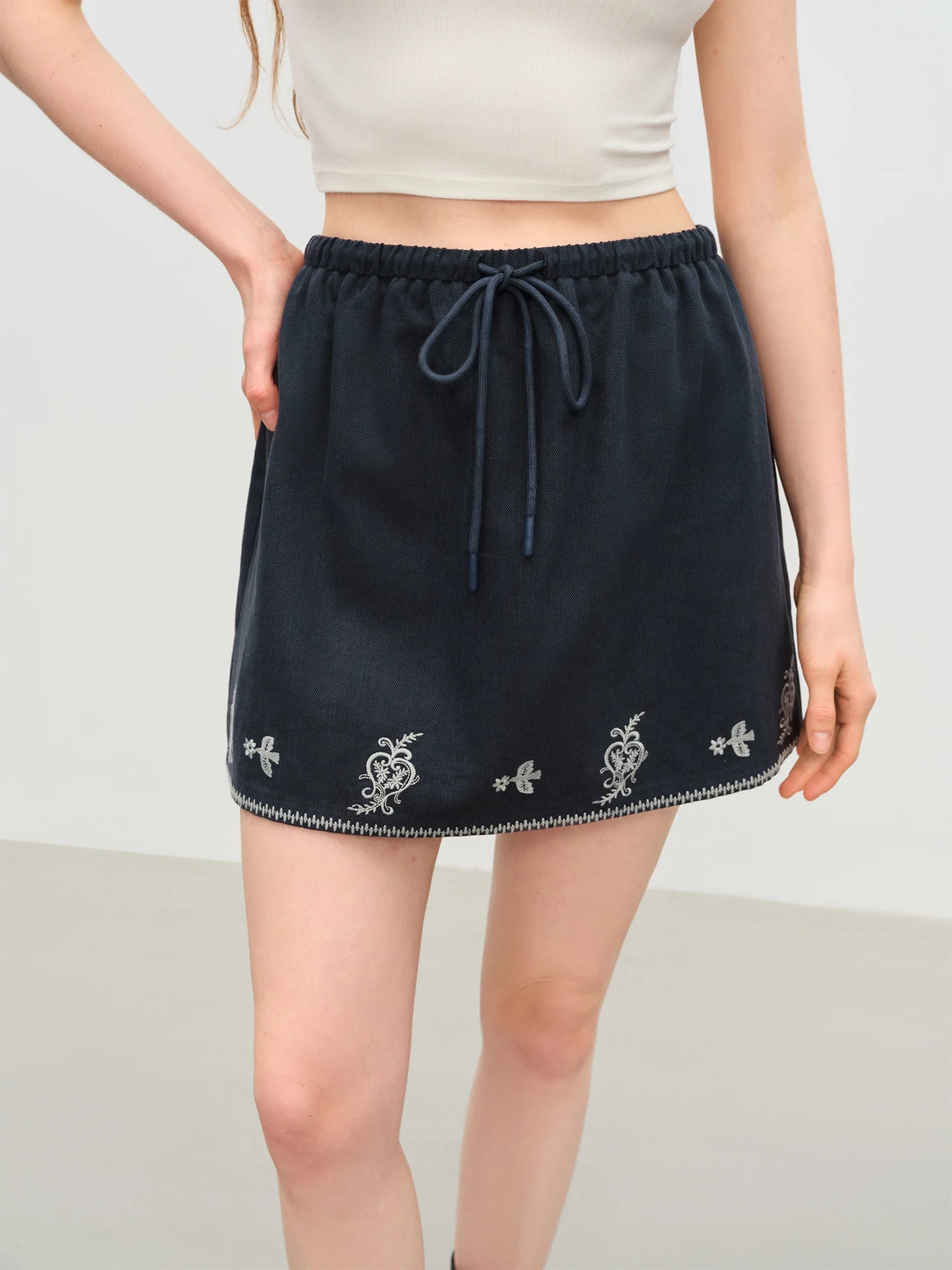Ivory Embroidered Drawstring Mini Skirt