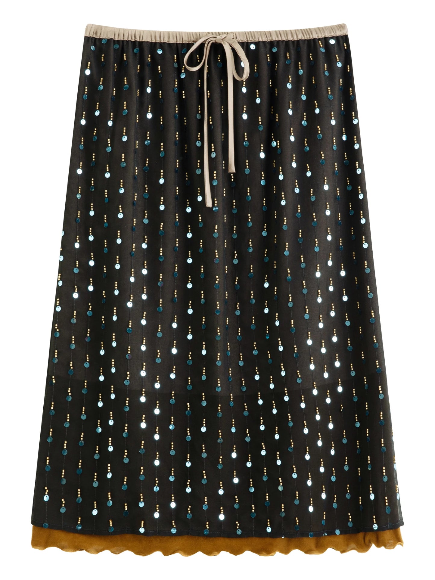 Black Beaded Velvet Pencil Midi Skirt
