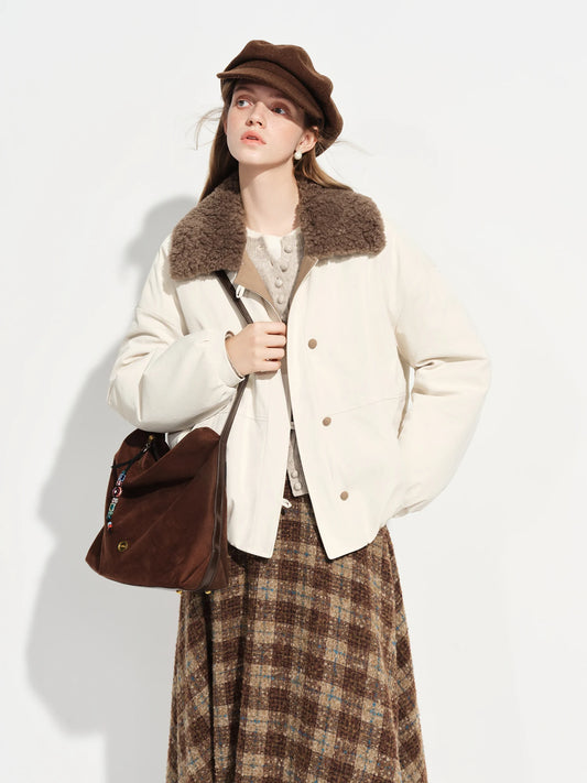 Ivory Brown Faux Fur Collar Jacket