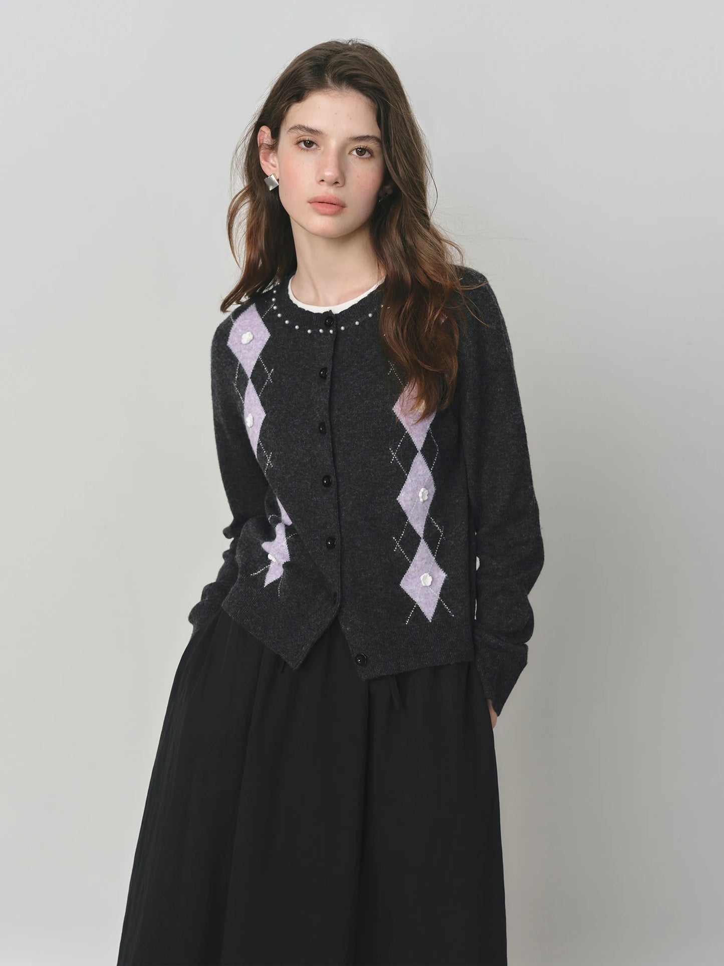Black Argyle Ruffle Knit Cardigan
