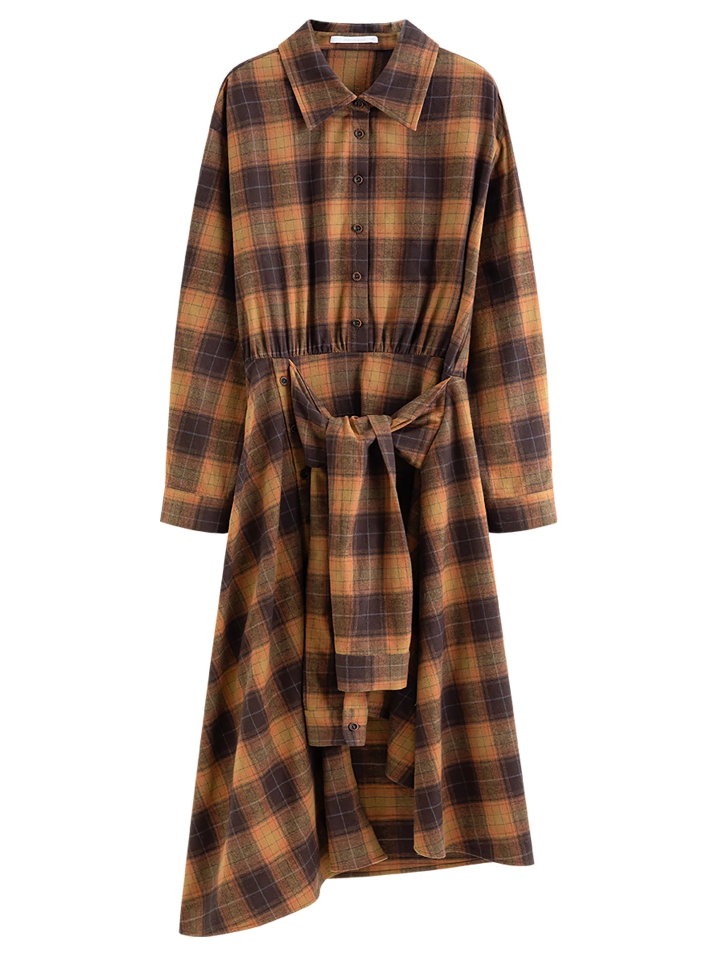 Brown Plaid Belted Shirt Maxi Dress