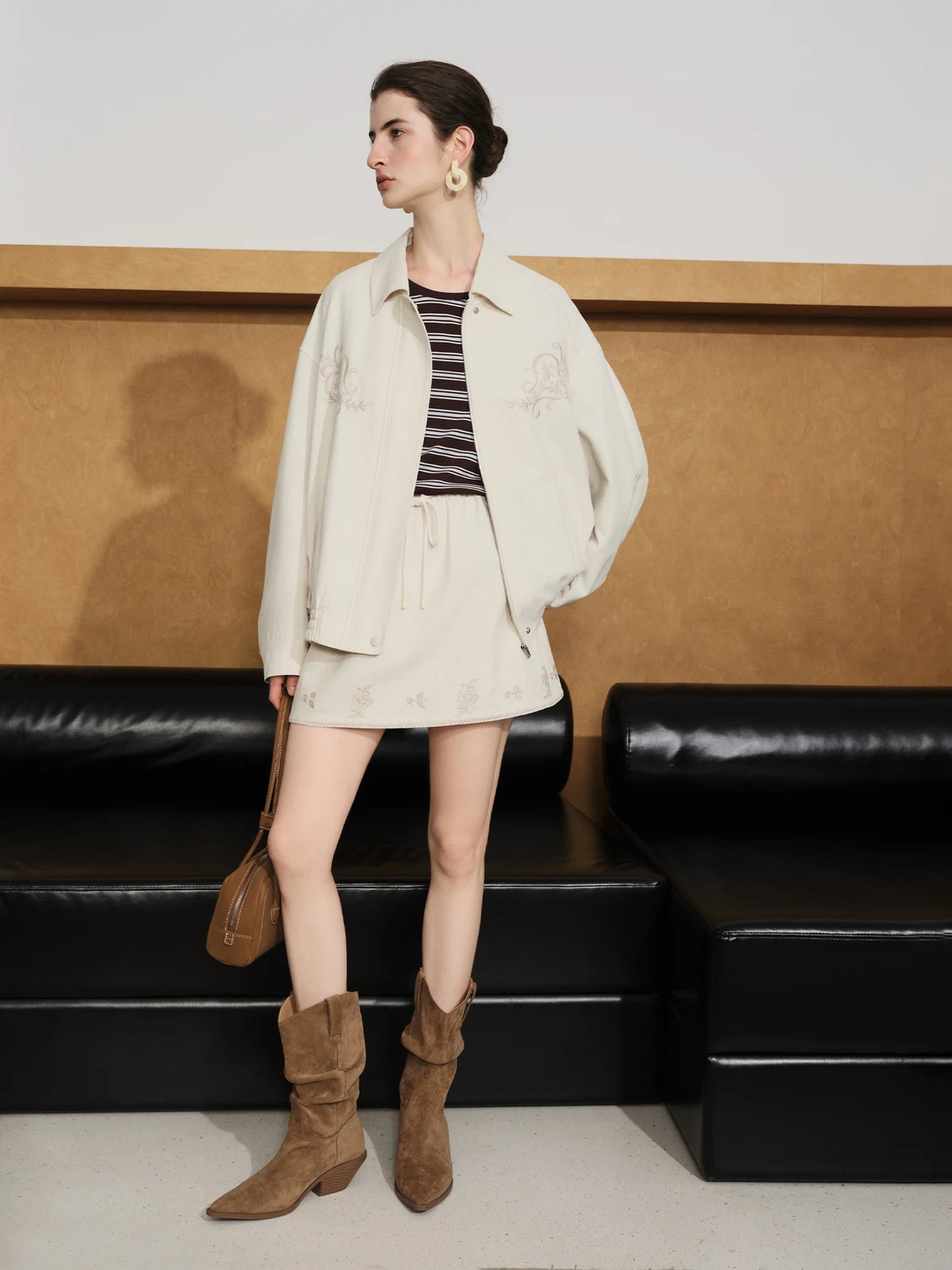 Ivory Embroidered Bomber Jacket