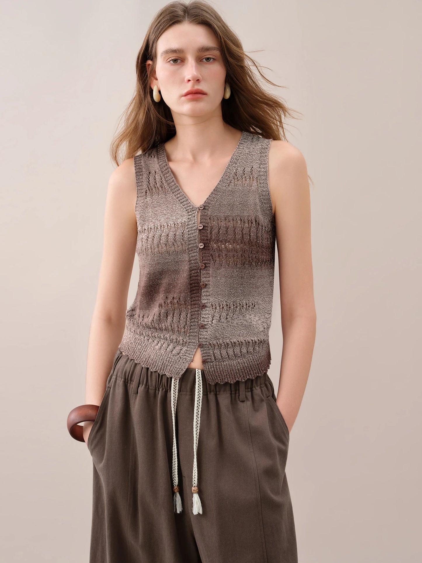Taupe Open Knit Button Vest