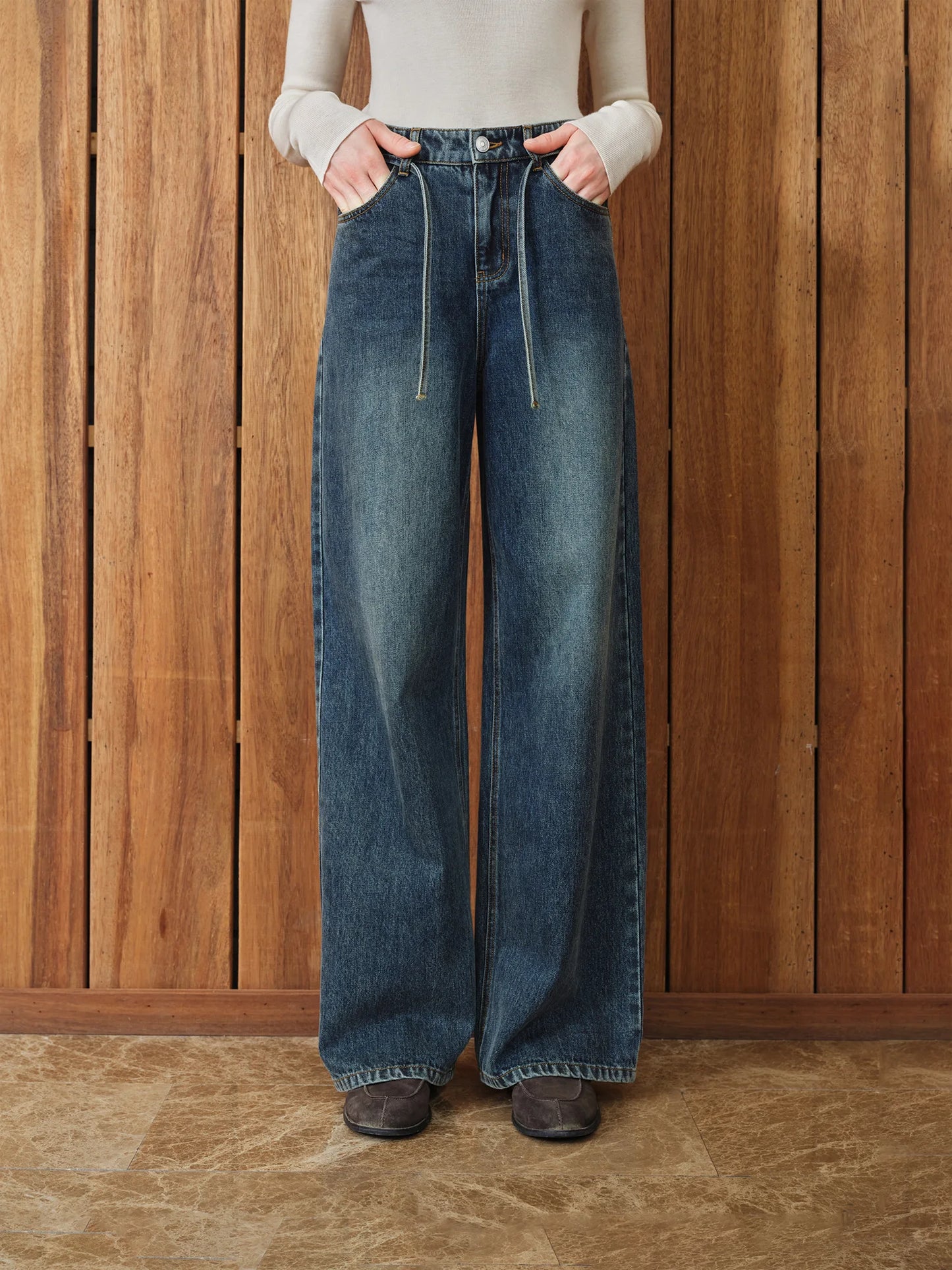 Medium Wash Drawstring Wide Leg Jeans
