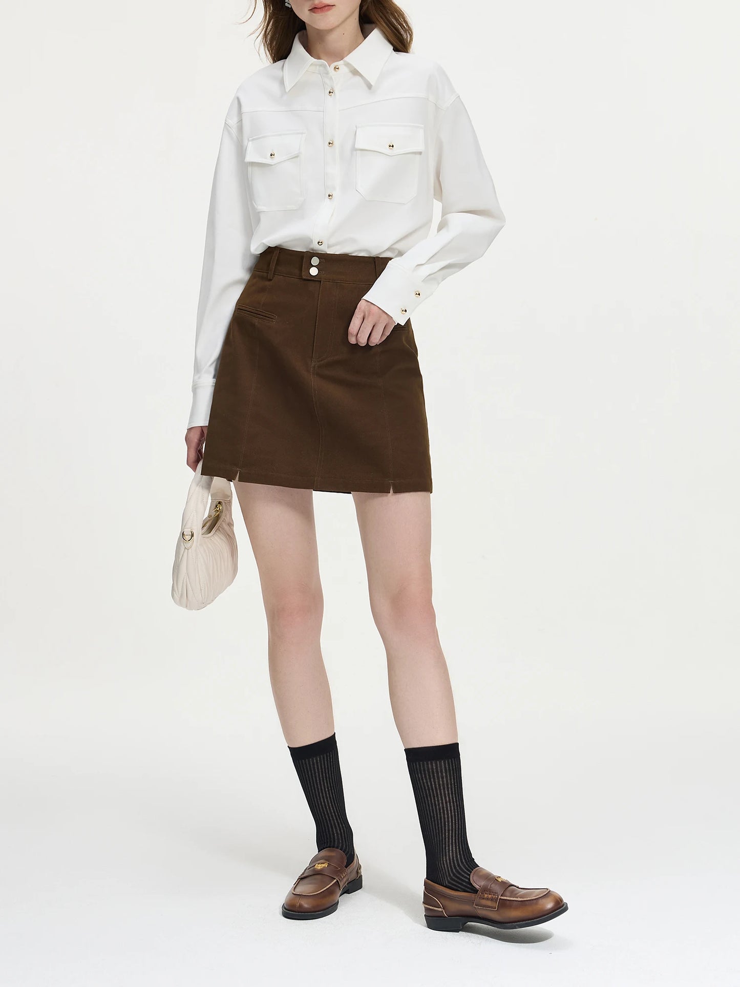 Brown Button Wrap Mini Skirt