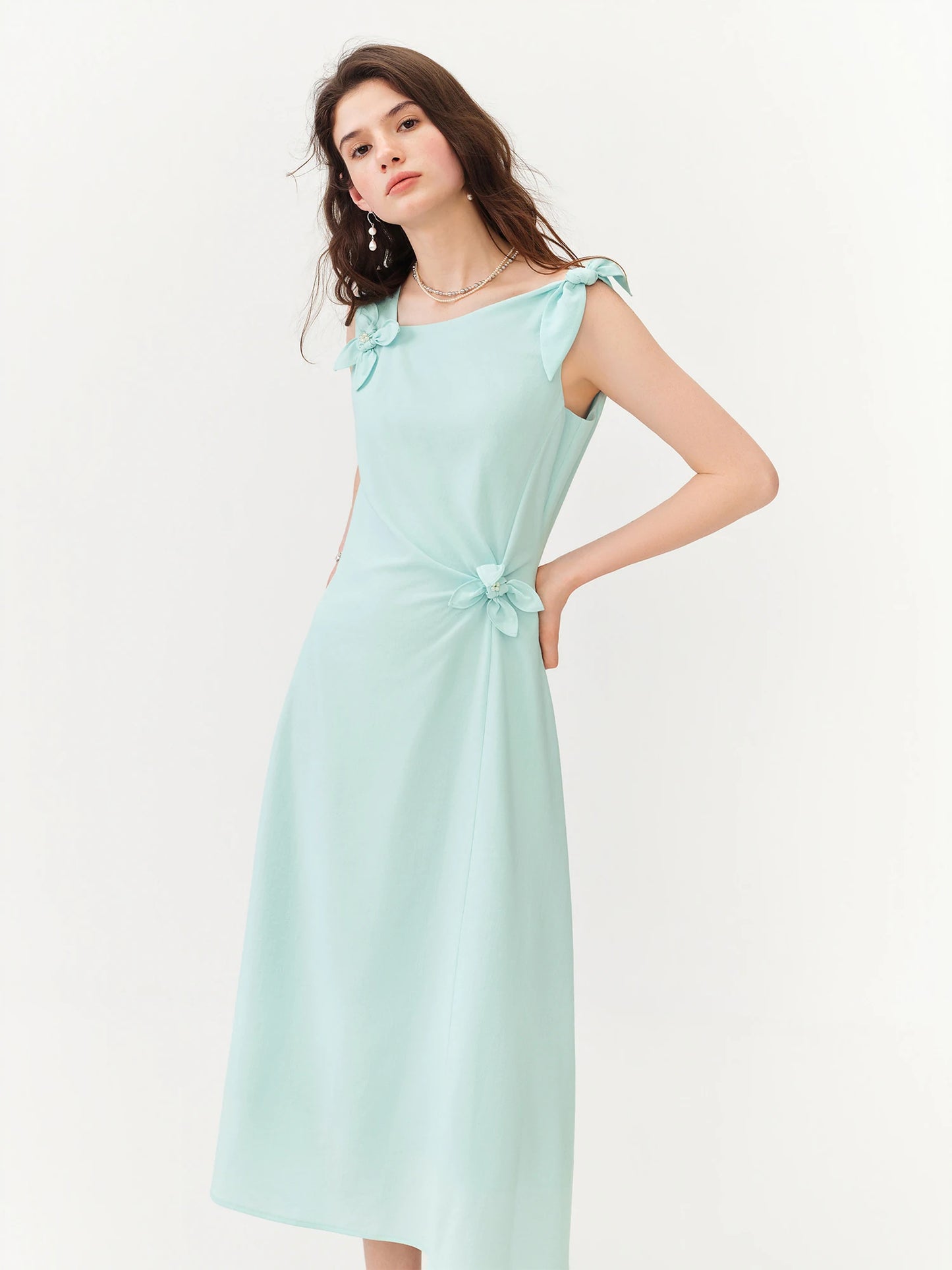 Mint Asymmetric Floral Applique Midi Dress