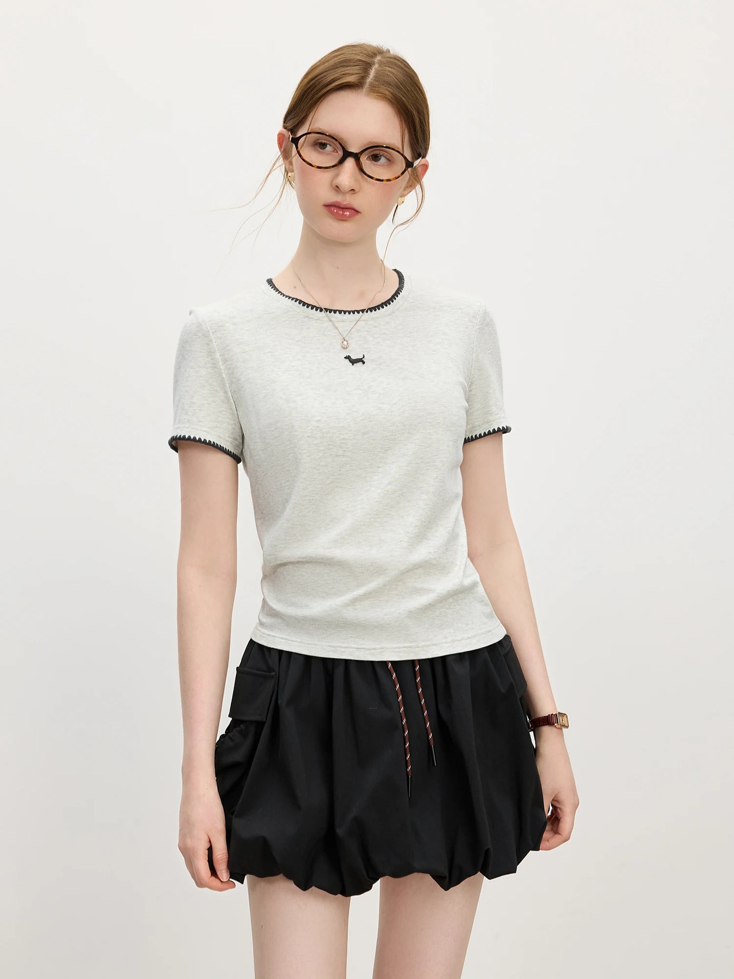 Grey Contrast Trim Fitted Knit Tee