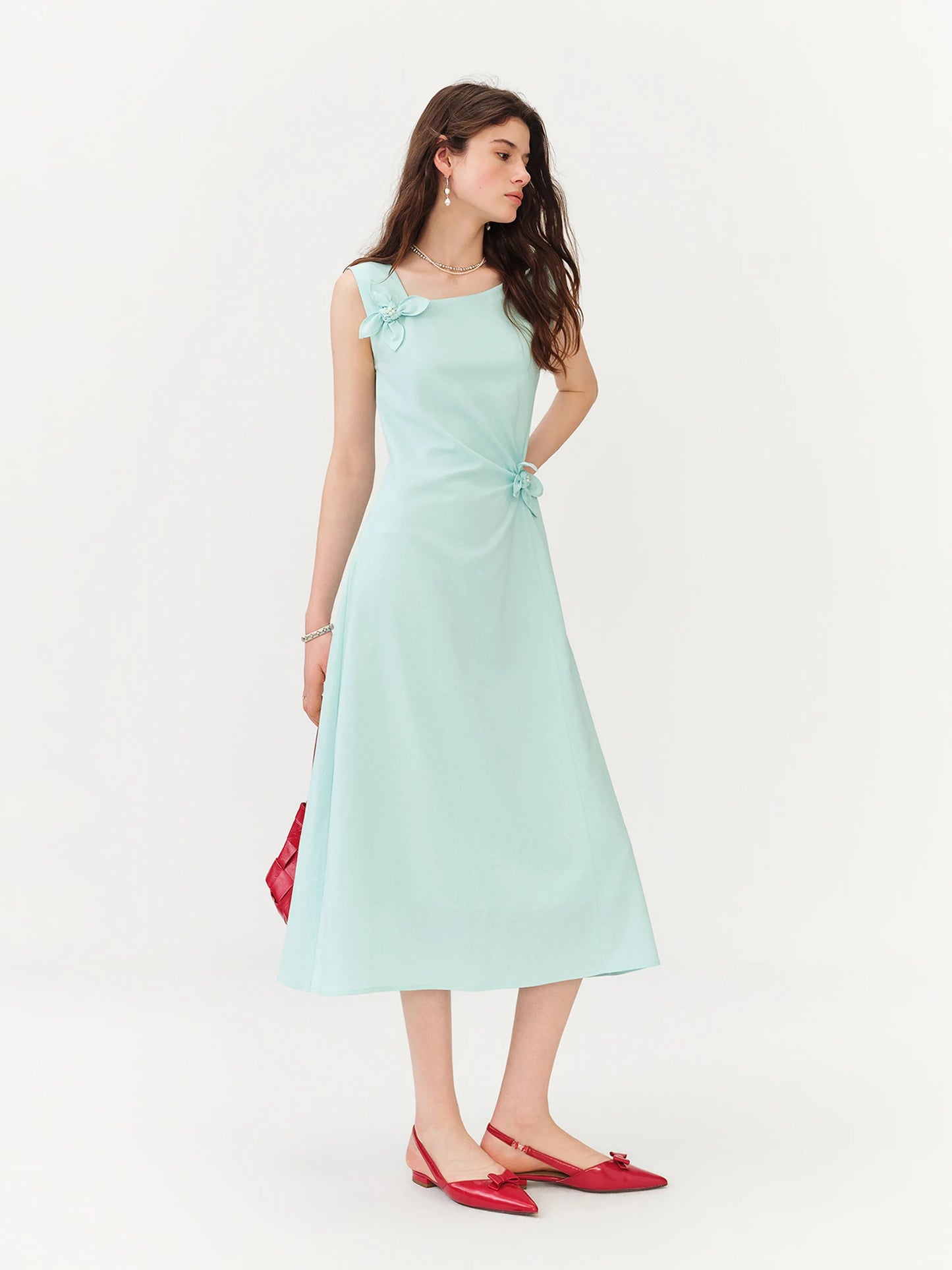 Mint Asymmetric Floral Applique Midi Dress