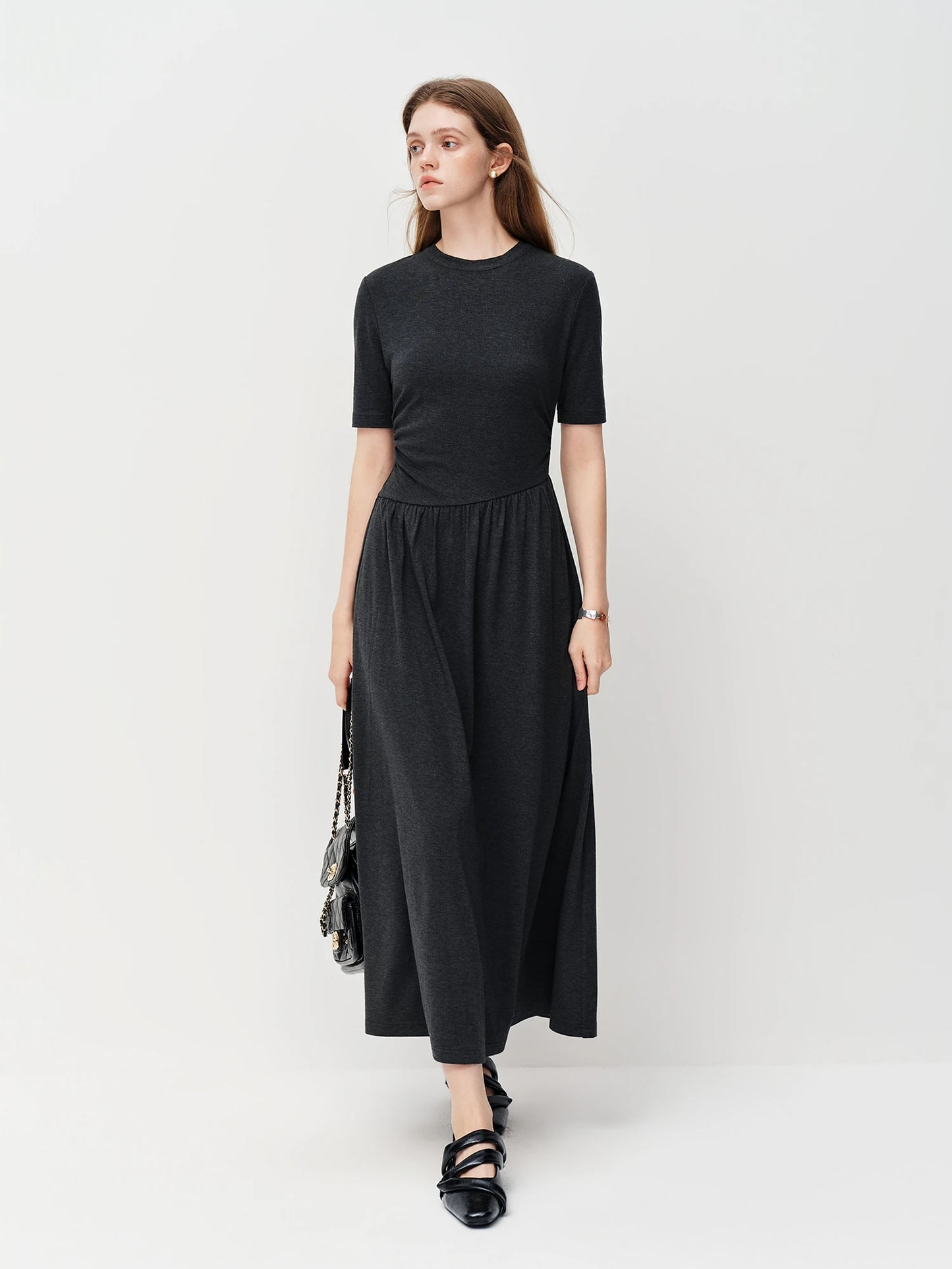 Black Pleated Waist Maxi Dress