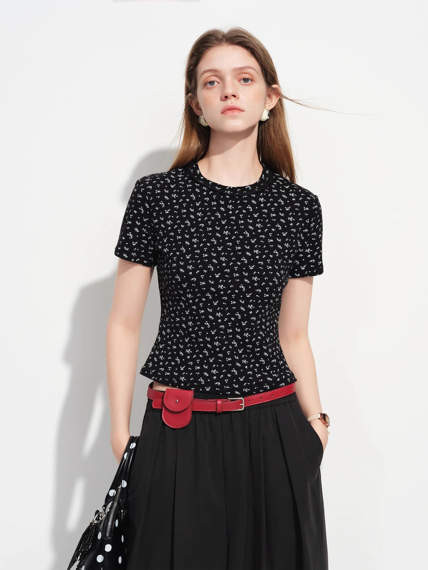 Black Floral Print Fitted Tee