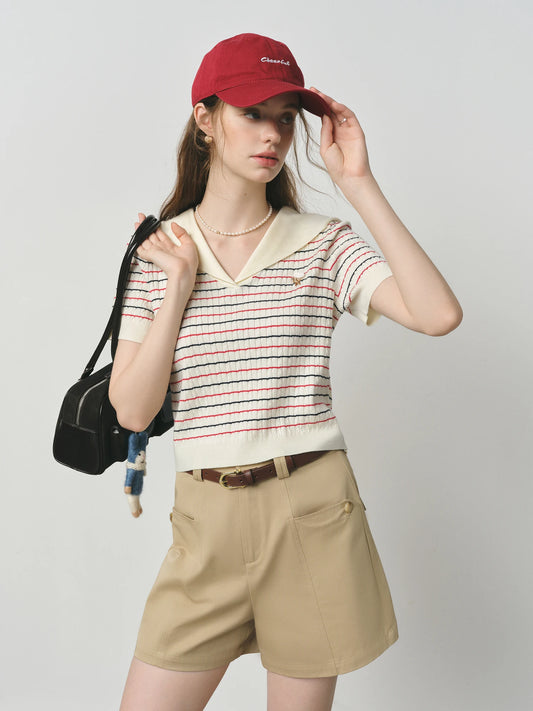 Ivory Striped Short Sleeve Polo Top