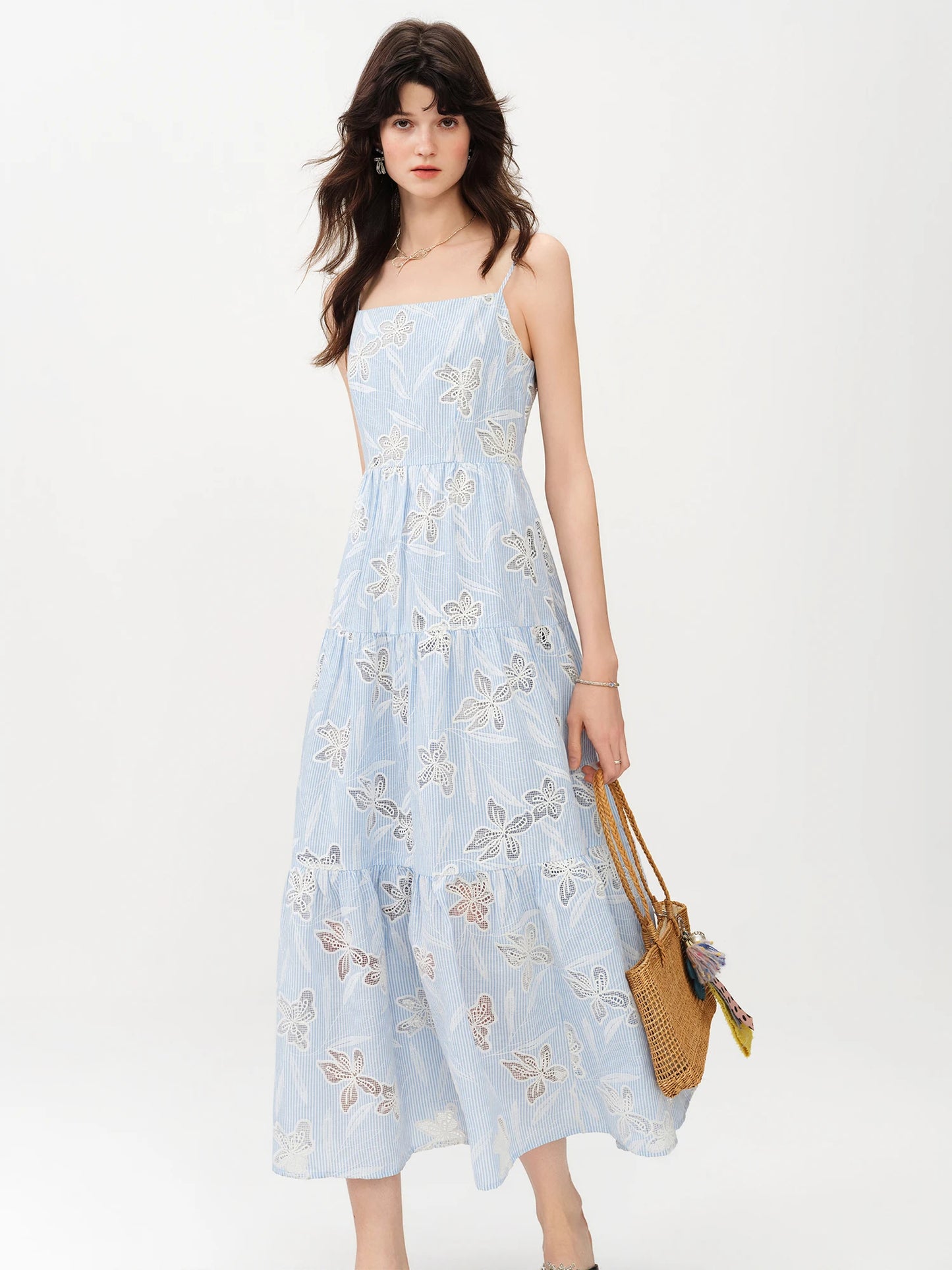 Pale Blue Floral Embroidered Maxi Dress