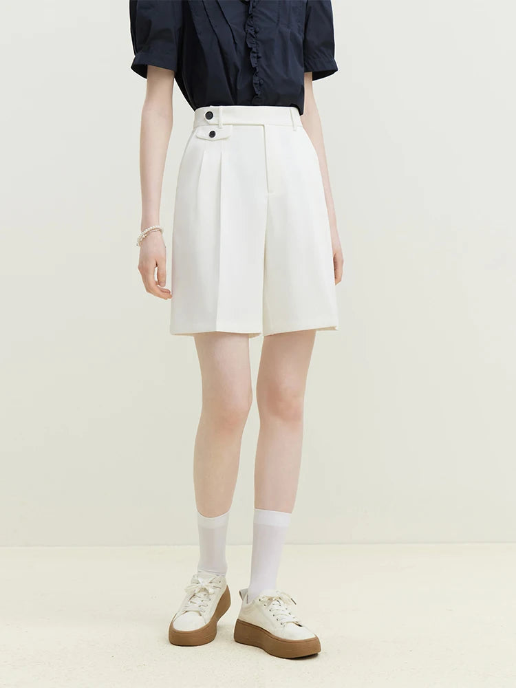 Ivory Pleated Button Waist Shorts